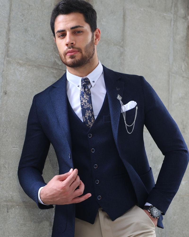 Garuzo Navy Blue Slim Fit Plaid Wool Suit