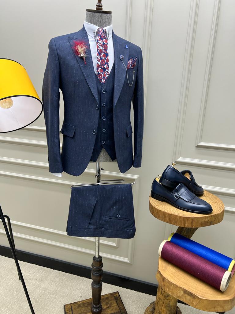 Evo Navy Blue Slim Fit Peak Lapel Pinstripe Suit